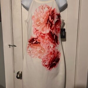 GUESS White Midi Dress with Pink Floral Cluster